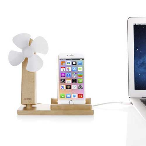 SEENDA IPS-Z10 Wood Charging Phone Stand USB Holder with USB Mini Fan for iPhone Samsung Xiaomi