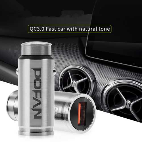 POFAN QC.3.0 Fast Charge Aluminum Metal Car Charger for Mobile Phone