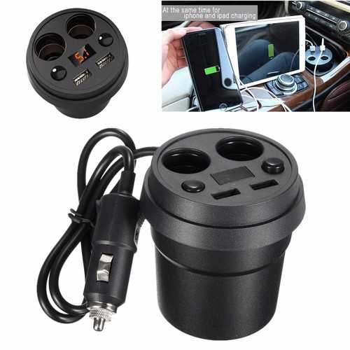 Dual Socket 2 USB Port Car Cigarette Lighter Charger Splitter Switch LED Display