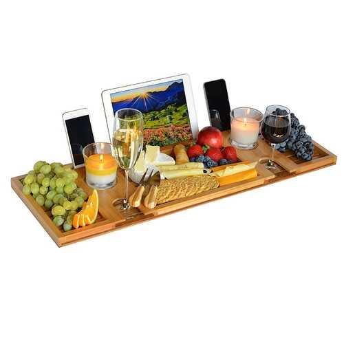 Bamboo Bathtub Caddy Tray with Reading Rack/Tablet Holder/Cellphone Tray/Wine Glass Holder