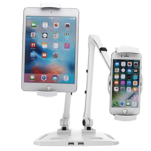 Dual Arms Holder Mount Stand Swivel USB Port For iPad Tablet Mobile Phone Laptop