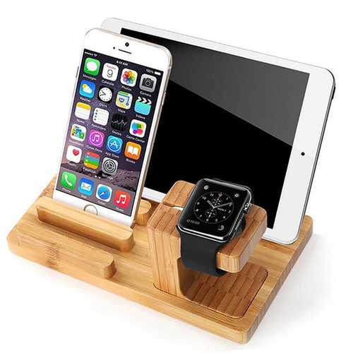 Multifunctional Bamboo USB Charging Dock Phone Tablet Holder Mount for Apple Watch