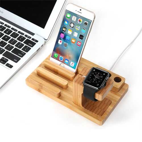 Multifunctional Bamboo USB Charging Dock Phone Tablet Holder Mount for Apple Watch