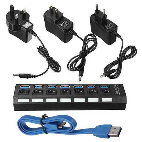 7 Port USB 3.0 Hub On/Off Switch+EU/US/UK AC Power Adapter