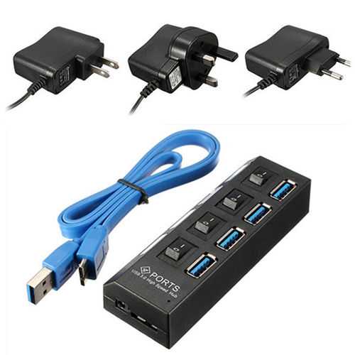 4 Ports USB 3.0 HUB On/Off Switch AC Adapter