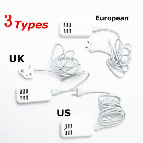 US UK EU AC Power 6 Port USB Wall Charger 1.4M with Power Cable